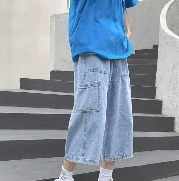 Men's Summer Pants Straight Jeans Thin Loose Wide Leg Cropped Shorts Denim Pants