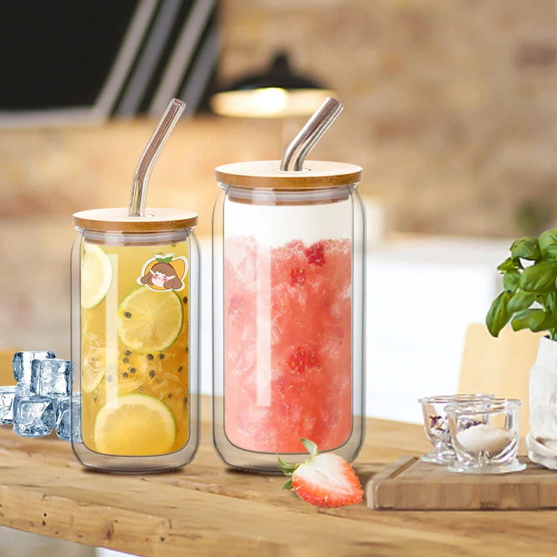 350ml/450ml Glass Cup with Lid and Straw Transparent Double Wall Glass Juice Cup Beer Steins Coke Milk Cups Mocha Mug Drinkware  - buy with discount