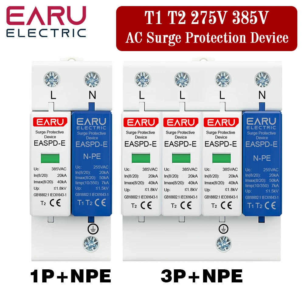 AC SPD Din-рейка 1P + NPE 3P 50KA T1 T2 385 В 275 Домашний держатель защиты от перенапряжения