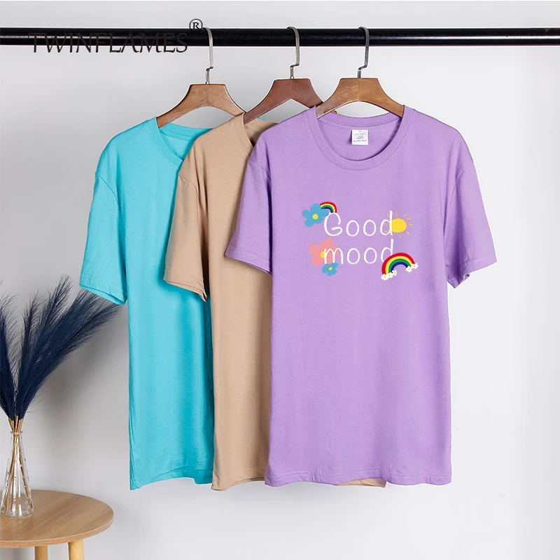 

TWINFLAMES Oversized Soft 100% Cotton Tees Printed Good Mood Rainbow T-shirt Women Summer Fashion Woman Top Fairycore Clothing