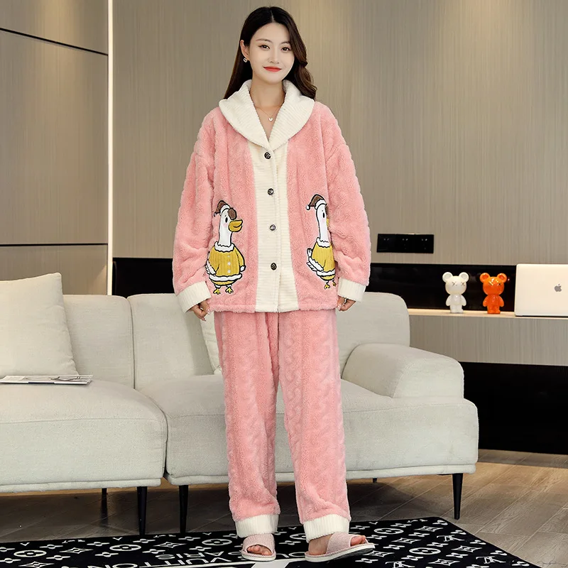 Winter Warm Flannel Women Pyjamas Thick Velvet  2PCS Long Sleeve Cartoon Sleepwear Coral Fleece Pajamas Set Girl Nightwear