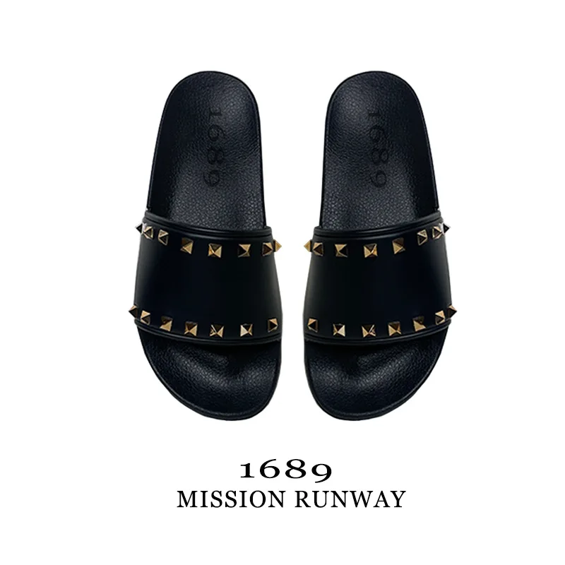 Summer Women Slippers 2023 New Pu Leather Rivet Casual Open Toe Flip Flops Slides Flat Shoe Soft Outwear Beach Ladies Slipper