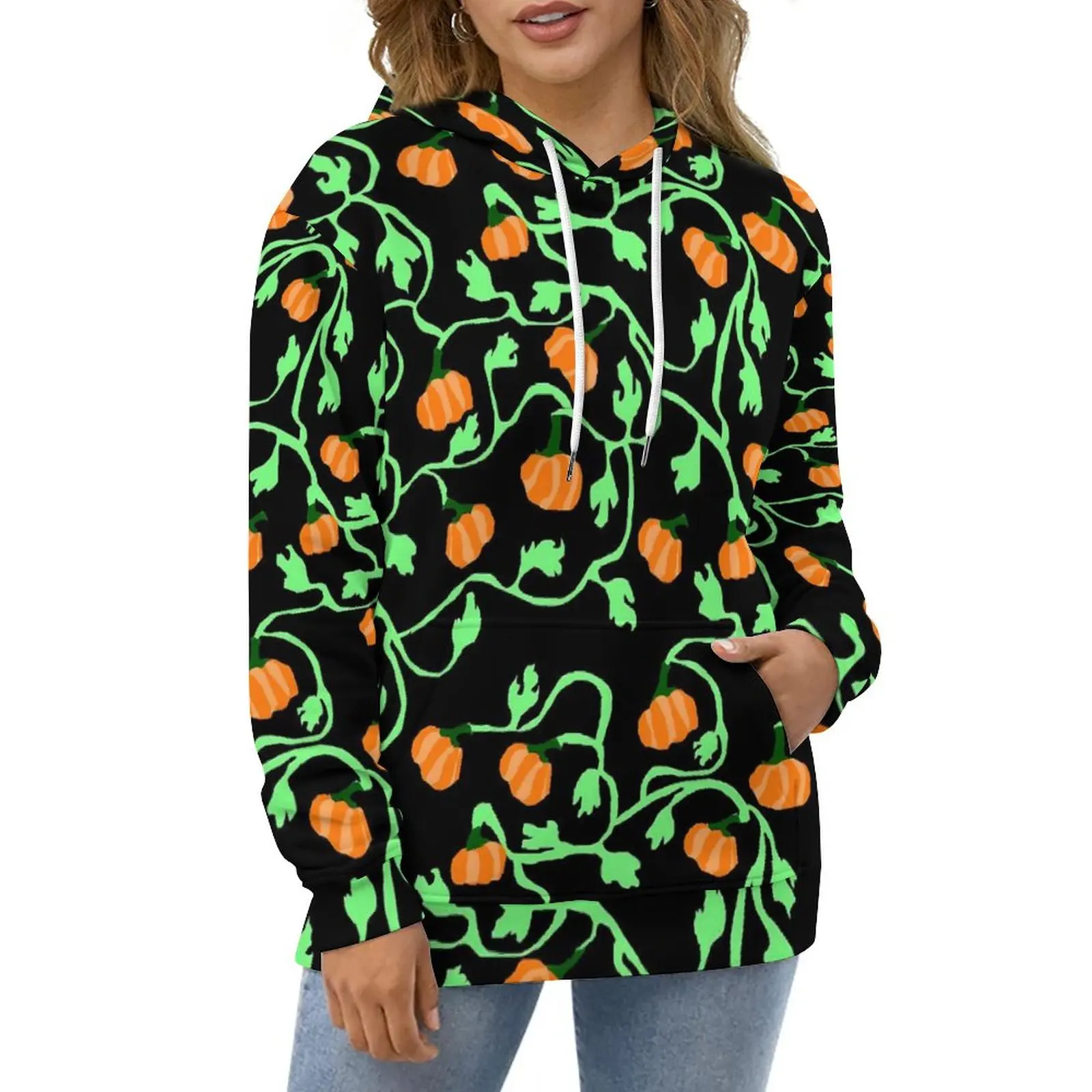 

Pumpkin And Vine Hoodies Long-Sleeve Green Leaf Print Pretty Casual Pullover Hoodie Autumn Hip Hop Oversized Loose Sweatshirts