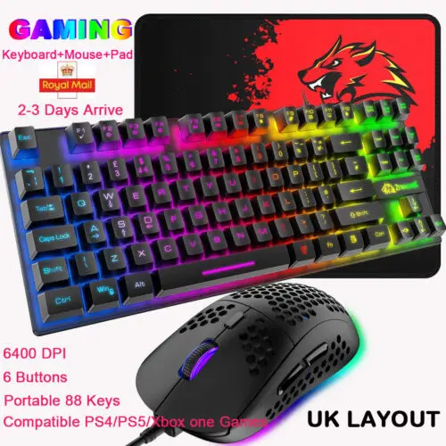 

UK Layout Gaming Keyboard Mouse Rainbow Backlit Type-C for Pc Laptop PS4 Xbox