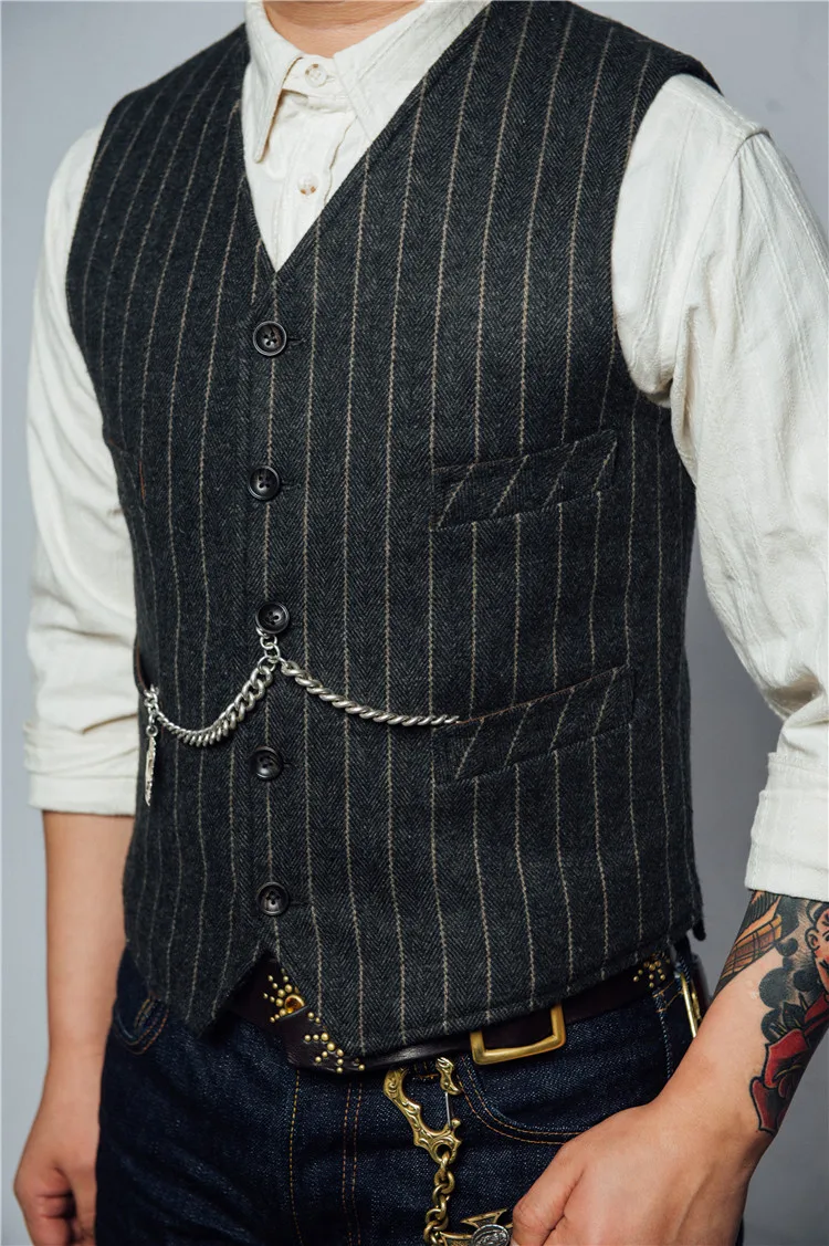 Men's Striped Suit Vest Tweed Herringbone Retro Sleeveless Slim Steampunk Warm Waistcoat chaleco hombre
