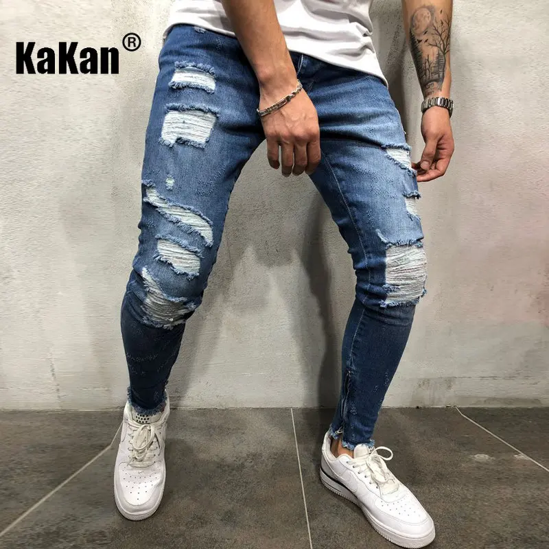 Kakan - Europe and America's New Worn-out Torn Jeans for Men, High Street Slim Fit Zippered Long Jeans K49-2015