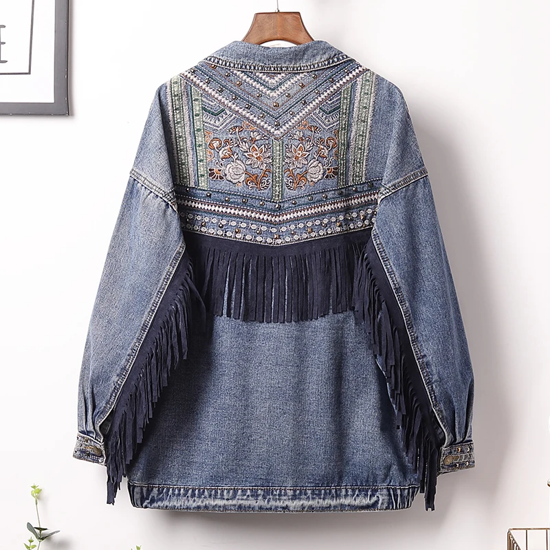 

Large Size Women Denim Jacket For Women 2022 Spring Autumn New Bf Style Cowgirl Coat Female Loose Bat Sleeve Tassel Trench Coats