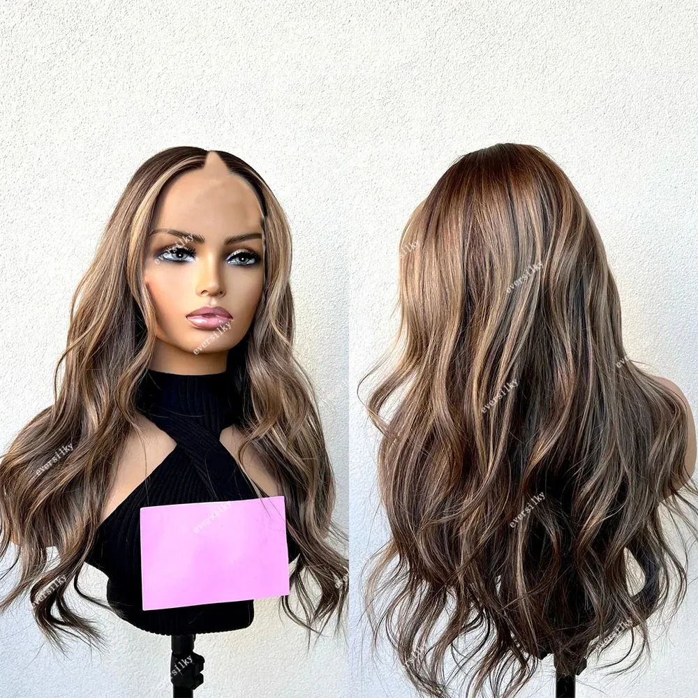 Highlight Blonde Chocolate Brown V Part Wigs Nautral Wave 100% Human Hair Glueless Wig Middle Part U Shape 250% Full None Lace