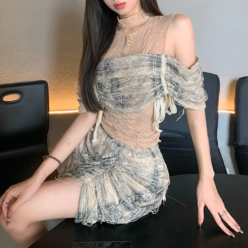 

Korean Style Y2k Chic Stitching Top Women's Summer Design Suit Sexy Short Skirt 2-piece Set