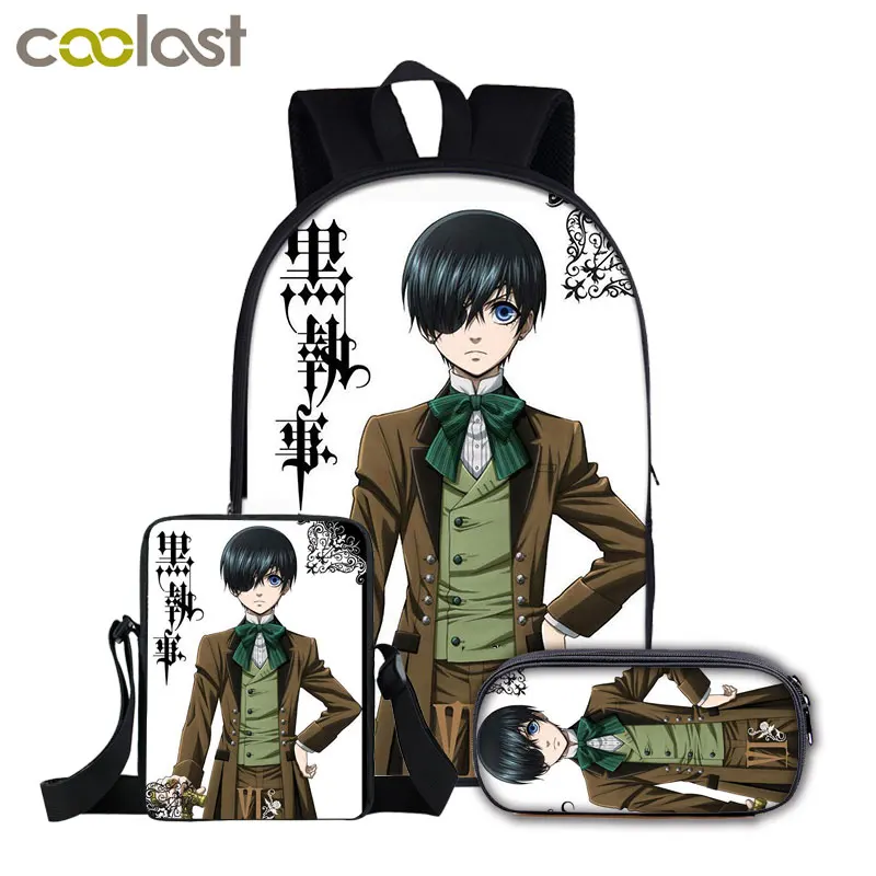 

3pcs/set 3D Print Japan Black Butler Backpack Men School Bags for Teenage Girls Boys Cool Anime Rucksack Crossbody Bag Pen Bag