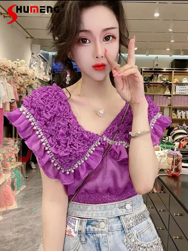 

European Female Purple Rhinestone Short Shirt 2022 Summer New Sweet Woman's Heavy Beaded Shawl Large Lapel V-neck Sleeveless Top