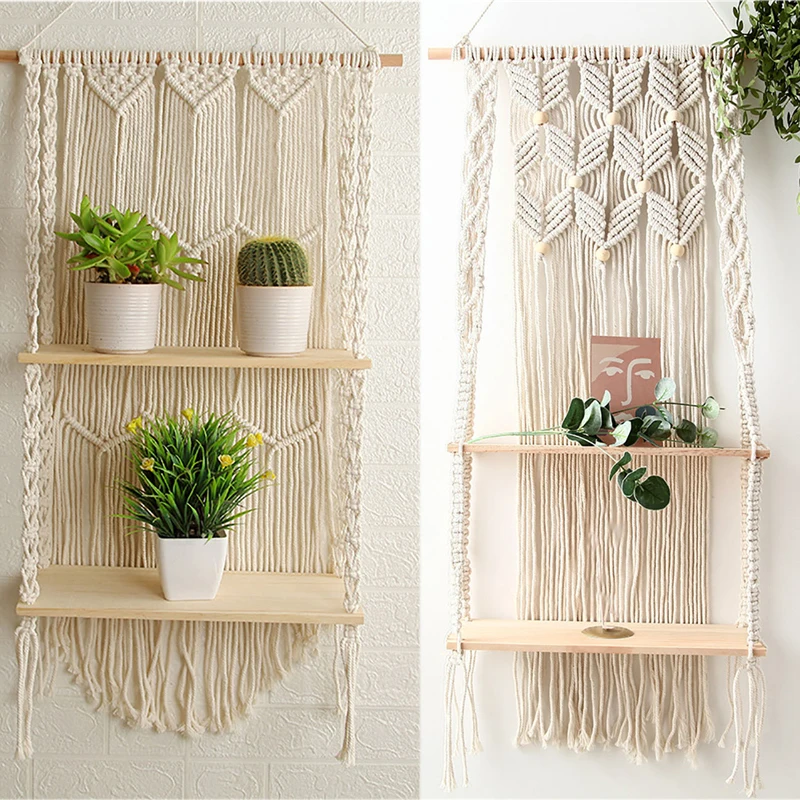 

Bohemian Macrame Tapestry Wall Hanging Ornament Planter Wooden Display Stands Bedroom Balcony Furnishings Decorative Wall Rack