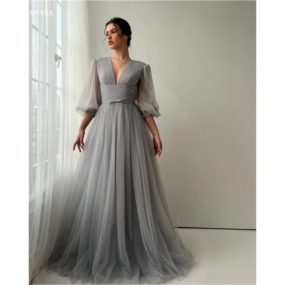 Sansa V-образным вырезом и рукавами 3/4 платье для выпускного вечера по