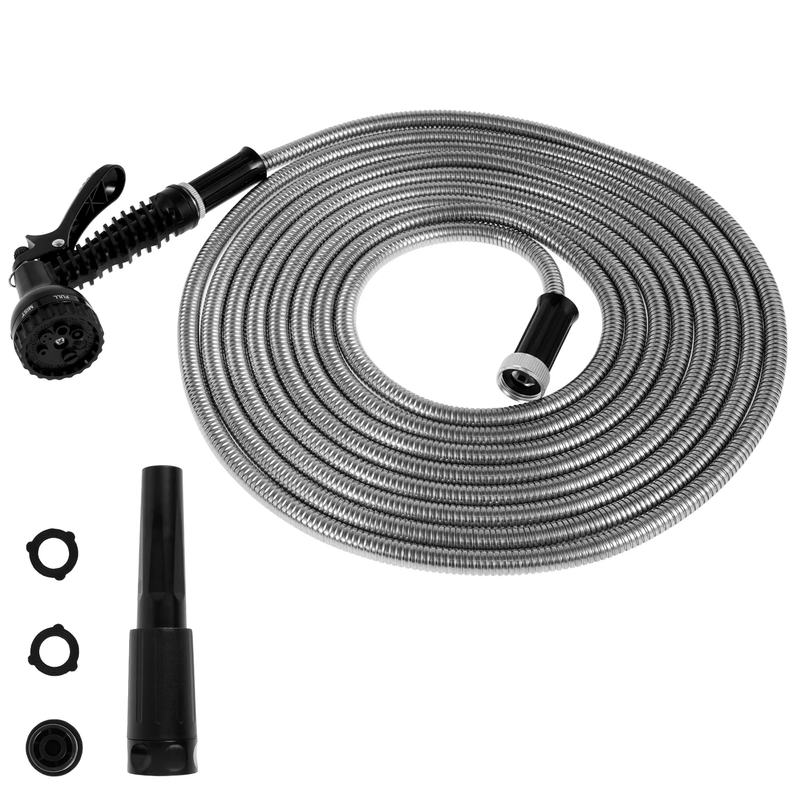 Garden Hose with 2 Nozzles 24.6FT Heavy Duty Stainless Steel Water Hose Leak-proof Weather Resistant Flexible Water Pipe for