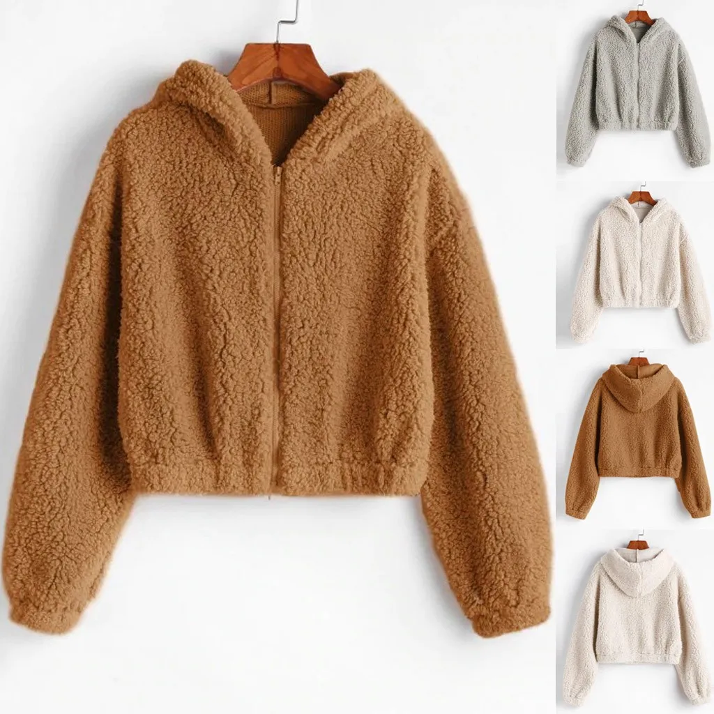 Plus Size Zipper Long Sleeve Female Fashion Solid Color Sweatershirt Fluffy Plush Hoodie Tops Women Winter Hoodies Sweatshirts