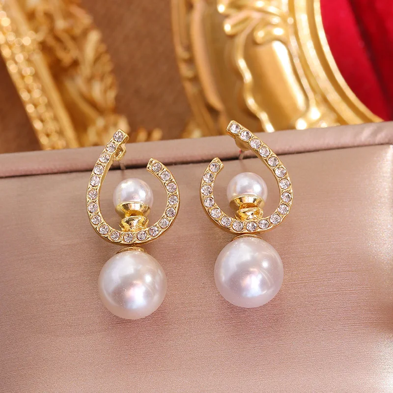 

Trend Double Imitation Pearls Earrings for Women Luxury Unique Gold Color Zircon Inlaid Earrings Girls Jewelry Gifts