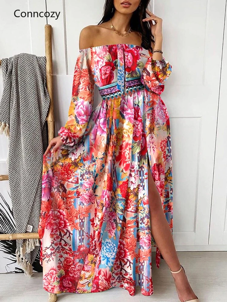 

Women Sexy Slash Neck Boho Maxi Dress Vintage Print Large Swing Evening Dresses Female Chic Party Dress Mujer New Design Fashion