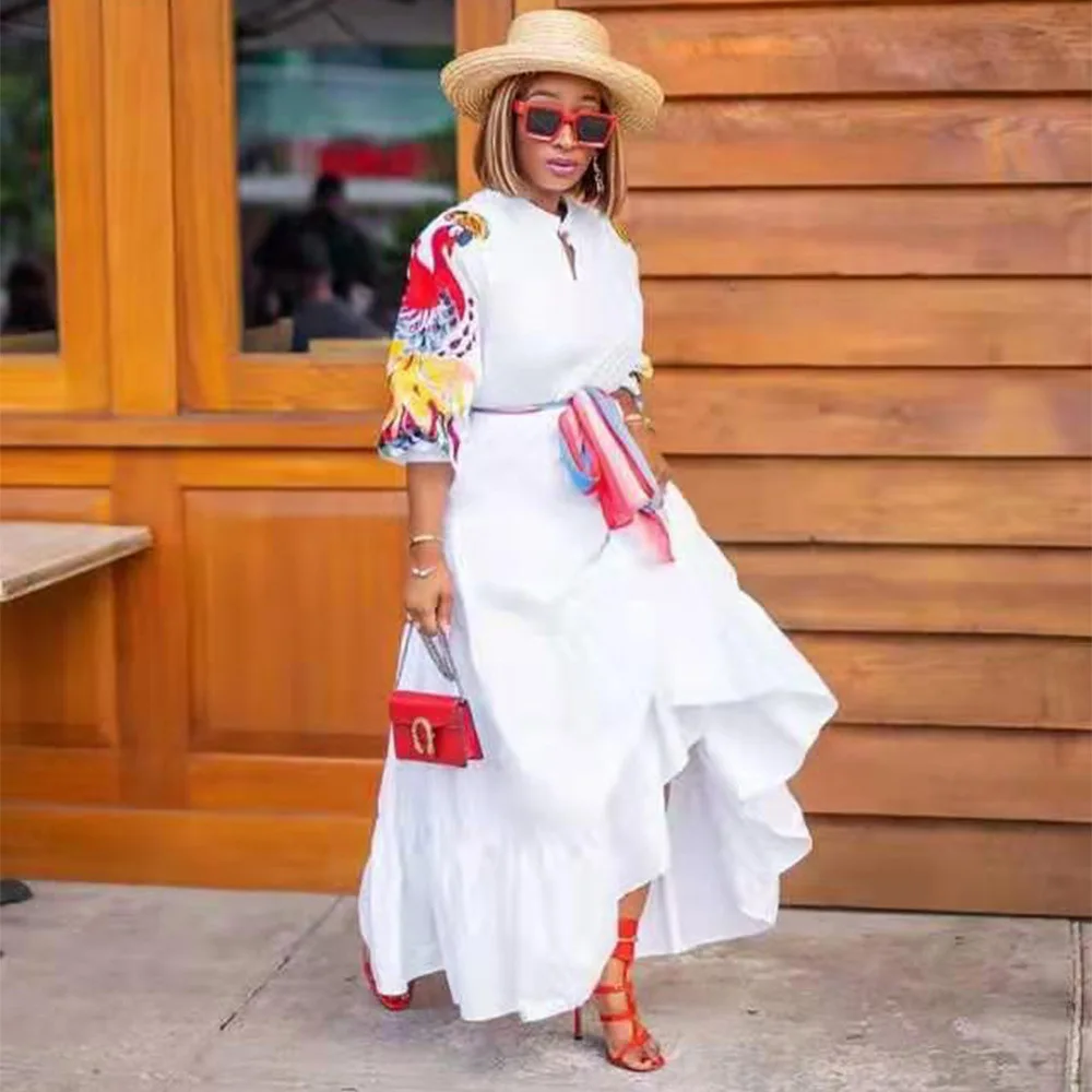 

African Embroider Dresses For Women Party Fashion Robe African Design Plus Size Long Falbala Shirt Dress Africa Clothing