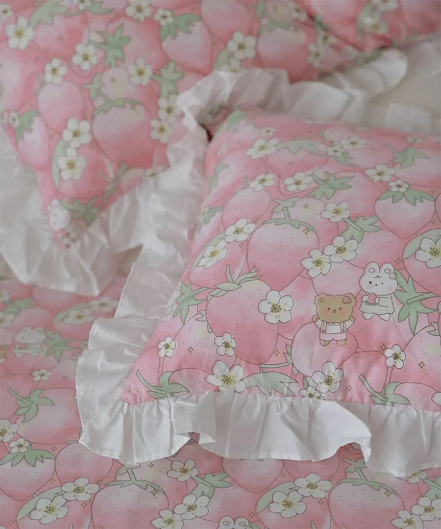 

Cute sweet strawberry bear rabbit bedding set,twin full queen pink green cotton home textile bed sheet pillow case quilt cover