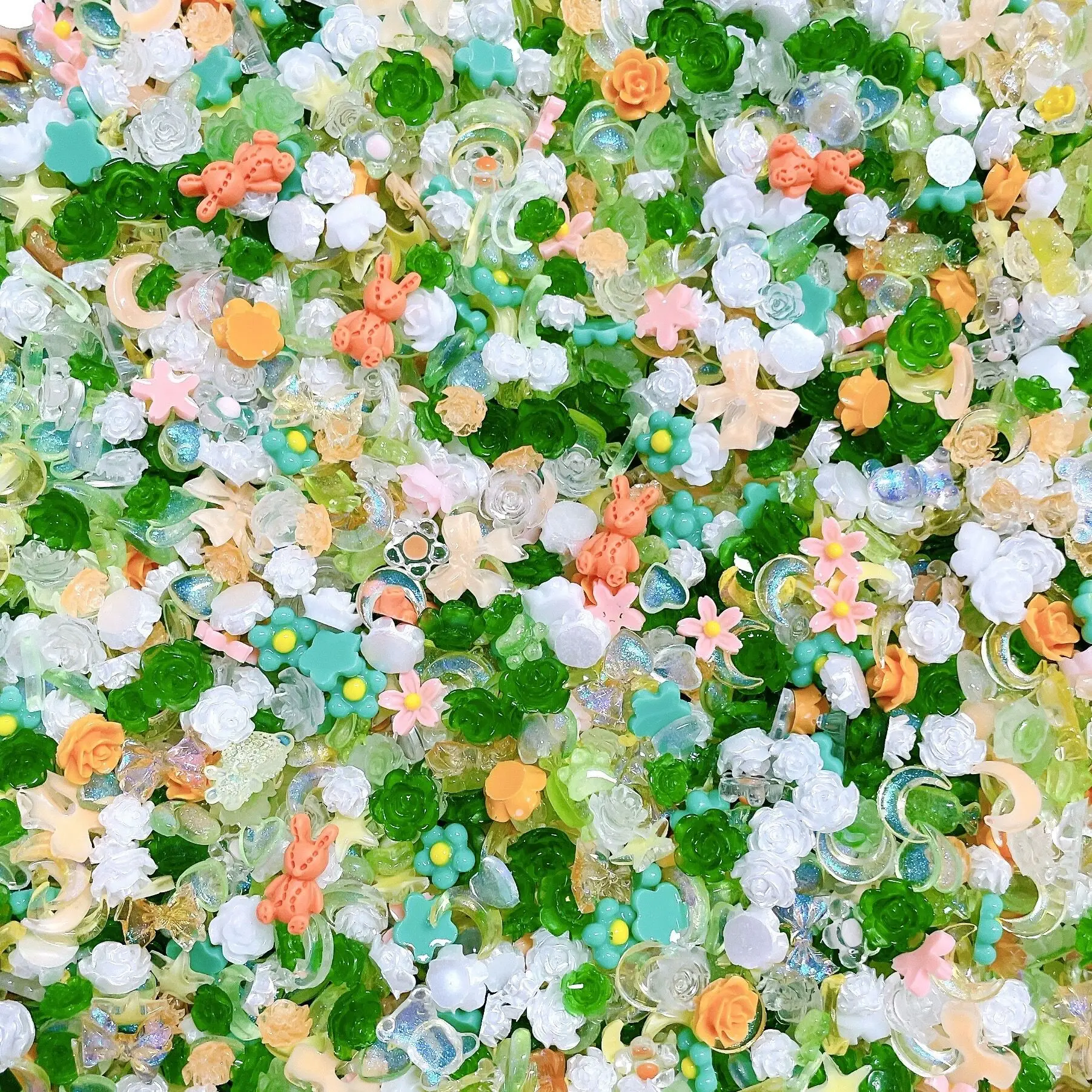 

50pcs nail part jewelry Yellow Green Mixed Flower Moon Cartoon Little Bear 3D Nail Decoration DIY Manicure Art Accessories NJ-01