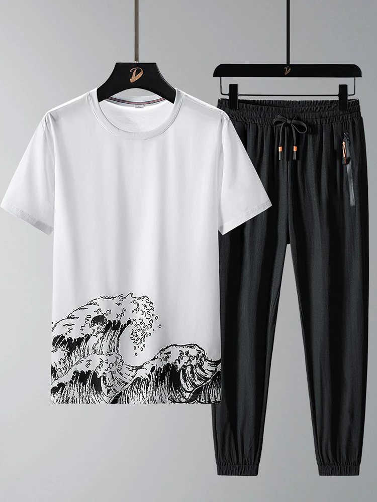 

2022 New Men's Summer Sets Fashion Wave Print T-shirts+Pants 2 Piece Tracksuit Man Plus Size Sportswear Casual Sweat Suits 8XL