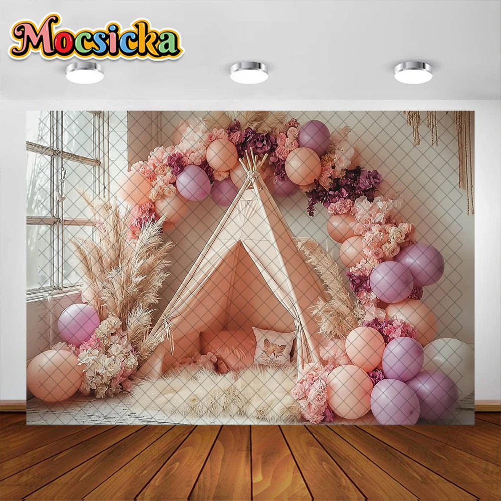 Фото Bohemian Photography Background Colorful Balloon Tent Decoration NeWborn Baby Shower Cake Smash Background Studio Props Banner №3