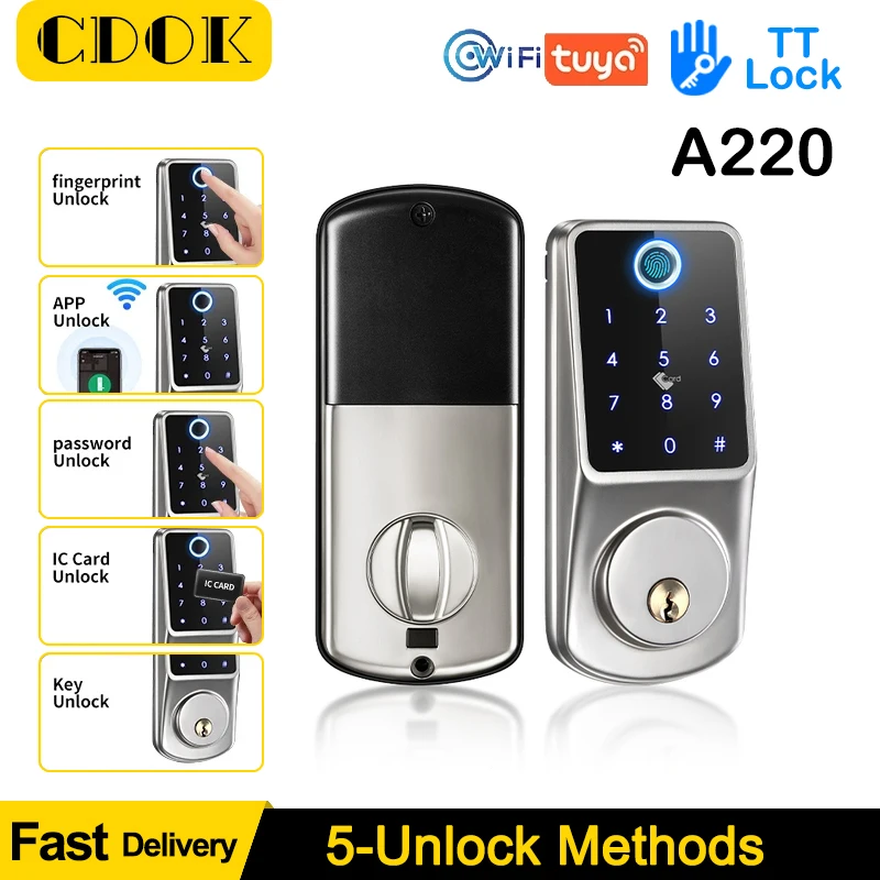 

CDOK A220 Deadbolt Fingerprint Smart Door Lock Tuya Wifi/ TT Lock APP Remote Control Password Card Code Automatic Latch Lock