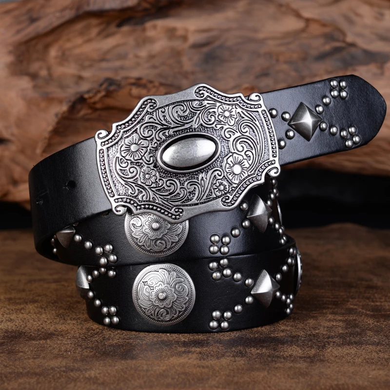 Top Layer Rivet Punk Male Belt Genuine Leather Belts Retro Designed Personally Gift for Man Geometry Decoration for Jeans Black