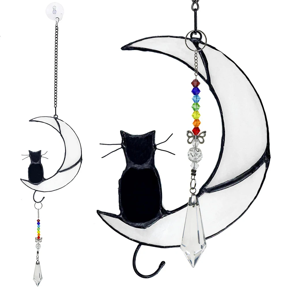 

White Moon Cat handmade DIY window, home decoration and hanging decoration, colored glass window pendant