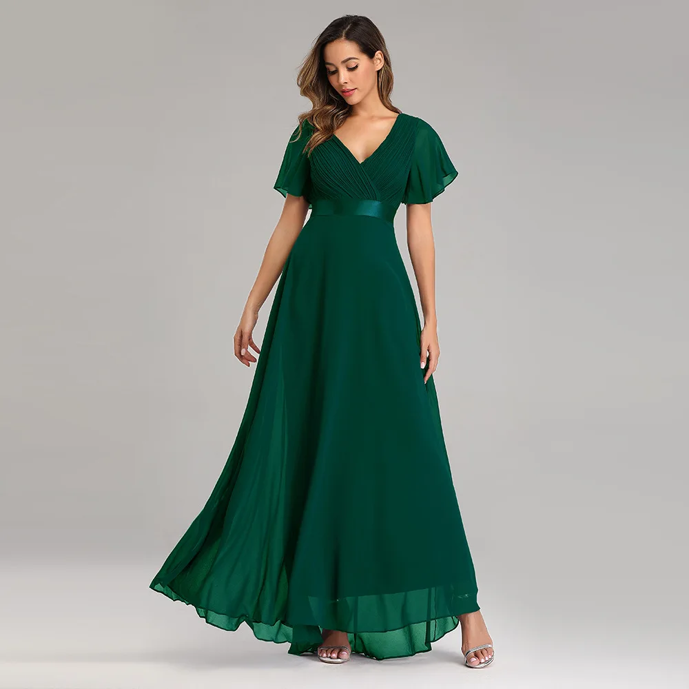 V-Neck A-Line Chiffon Green/Blue  Evening Dresses Flared Sleeves Pleats Simple Plus Size Party Dresses Women Formal Dress