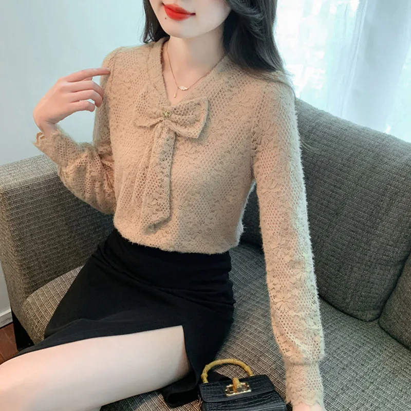 Модная кружевная женская блузка с v-образным вырезом и бантом длинным рукавом