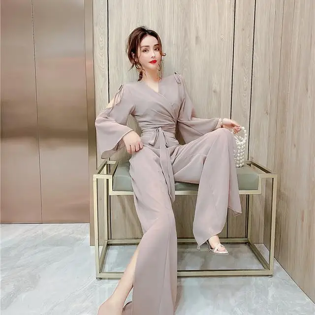 

Women 2022 Summer Fashion Two Piece Suits Female V-neck Short Blouses Tops + Split Wide-leg Trousers Ladies Chiffon Sets R61