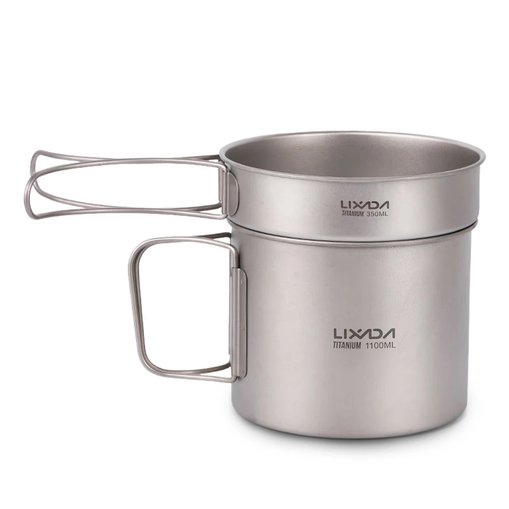 

Lixada Camping Titanium Tableware Outdoor Cookware Set Ultralight 900ml Pot and 350ml Fry Pan with Folding Handles Flatware