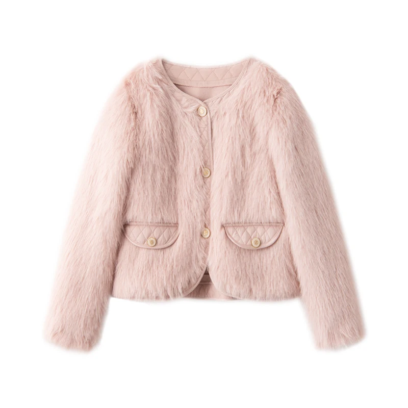 High Quality Crop Top Faux Fur  Faux Leather  Thick Warm Fur  High Street  Spliced  Single Breasted  High Waist  Abrigo Mujer