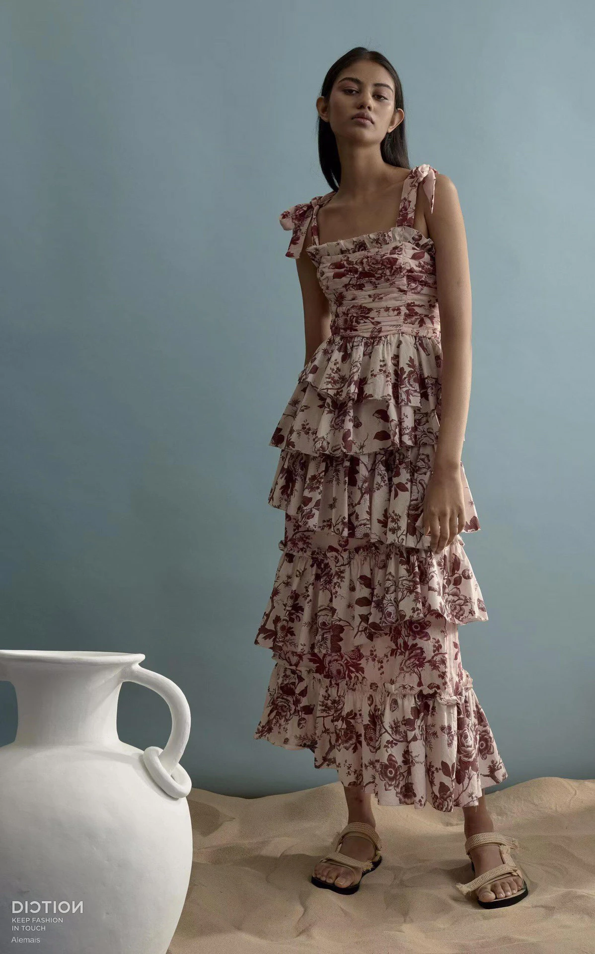 

Women Floral Print Cascading Ruffles Folds Chest Square Collar Slip Midi Dress