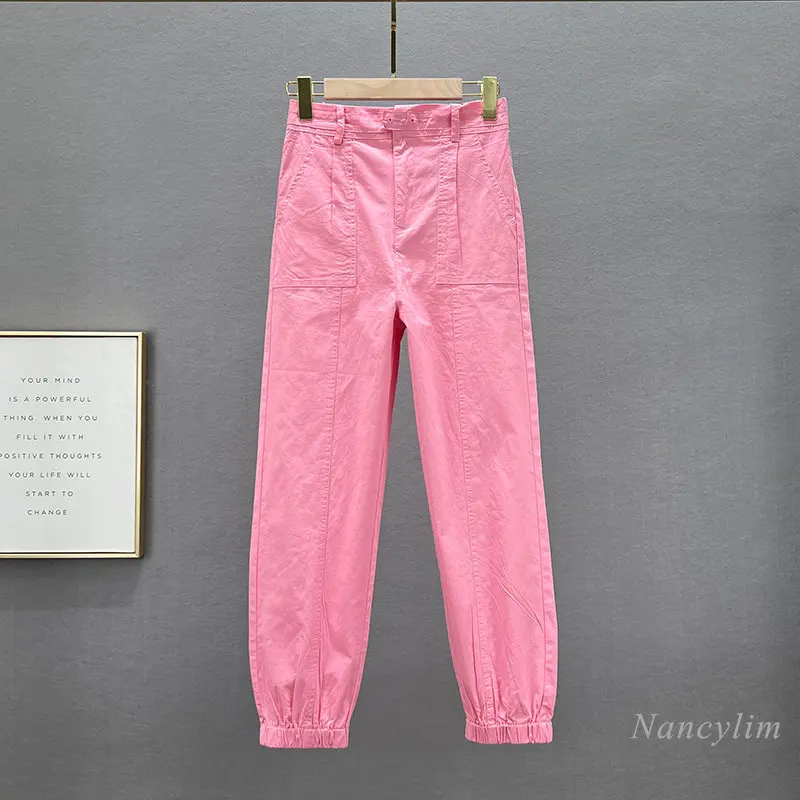 Ankle Banded Pants Women's Thin Pink Trousers 2023 New Spring and Summer Stretch Elastic High Waist Slimming Cropped Trousers