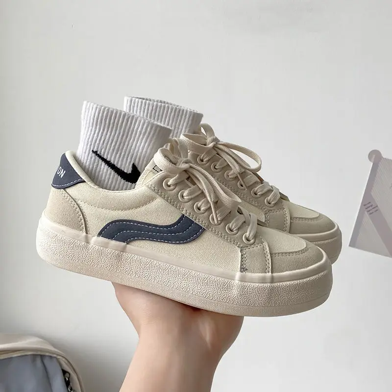 QWEEK Japanese White Platform Flat Women's Sneakers Spring 2022 New Sports Canvas Vulcanize Casual Shoes Korean Tennis Running