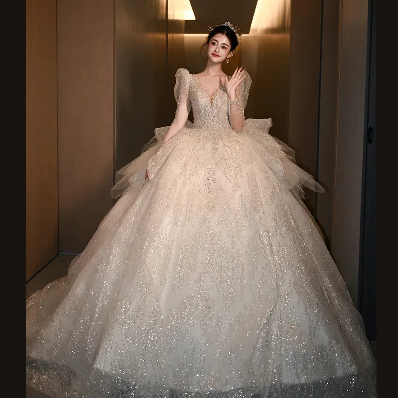 Свадебное платье с длинными рукавами 164 2024 новое невесты высококачественной