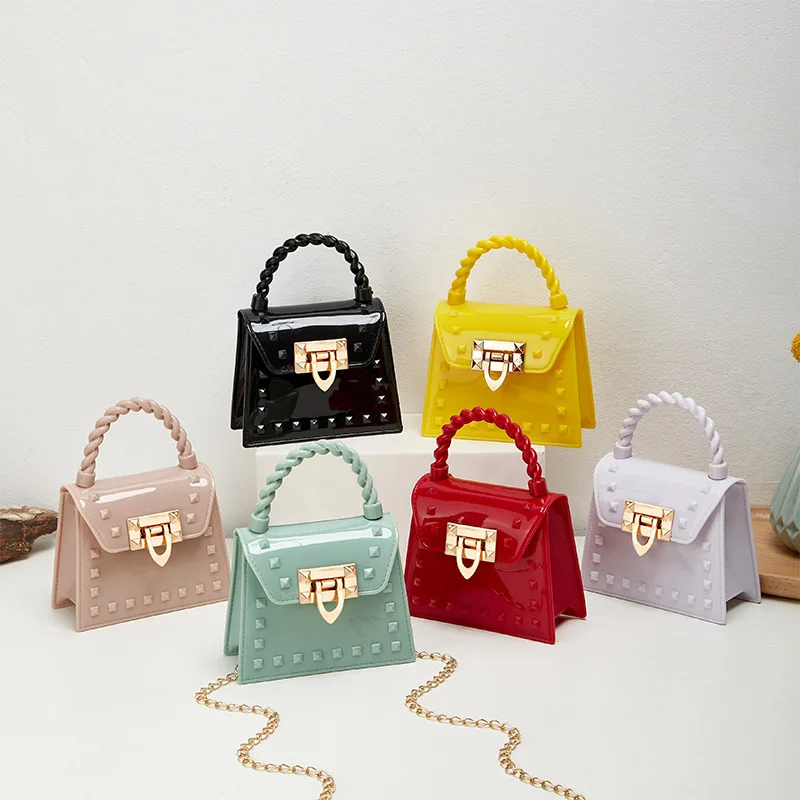 

Girls Jelly Mini Clutch Bag 2023 New Fashion simple Small Fresh Chain Solid color Crossbody Bags rivet Unique High Design Handle