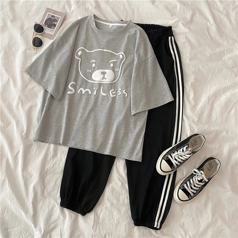 

student Casual Short Sleeve Pant Suit Woman Tracksuit preppy style Two Piece Set Women cartoon Print t shirt And Long Pants Sets