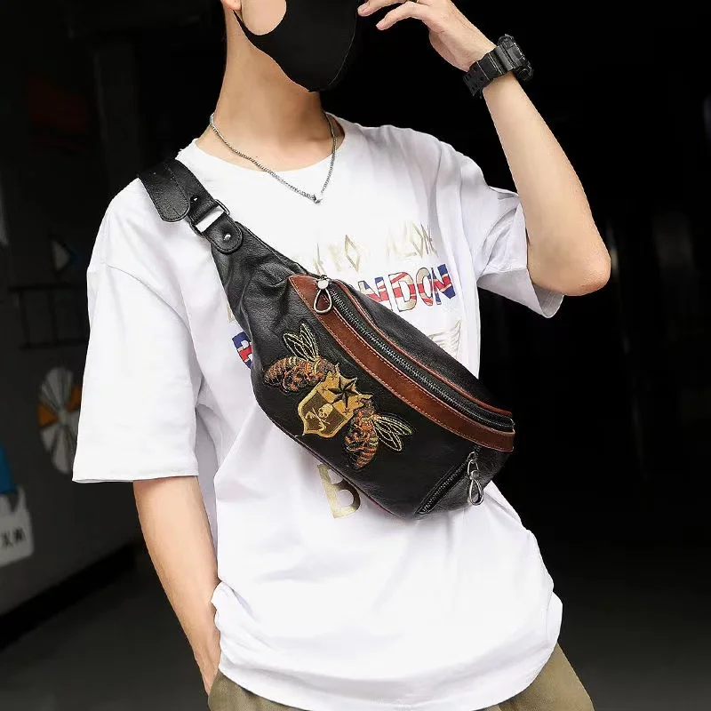 Fashion Male Small Leather Bags Black Travelling Waist Belt Purse Mobile Phone Crossbody Purses Shoulder Chest Sling Bag for Men