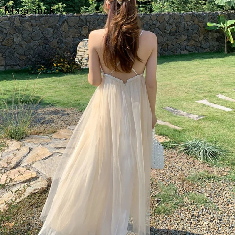 

Women Fairy Mesh Beach Dress Sexy Backless Spaghetti Strap Apricot Solid Female Dresses Vestidos 2021 Holiday Summer Party Dress
