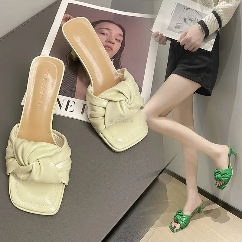 

2022 Summer Square Toe Women Slippers Fashion Thin High Heel Ladies Mules Elegant Female Outside Slides Sandal Shoes