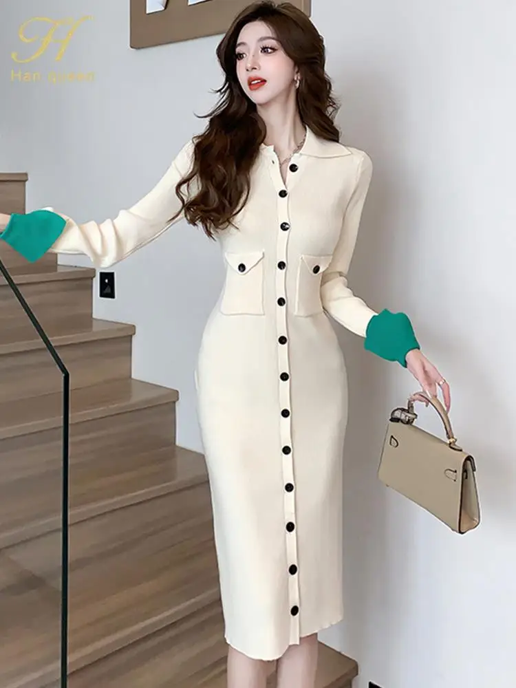 

H Han Queen 2023 Spring Woman Clothing Vintage Vestidos Single-Breasted Colorblocking Midi Dresses Casual Office Party Dresses