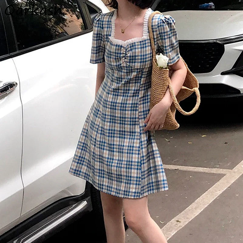 

M-4XL Puff Short Sleeve Dress Women A-line Plaid Mini Dresses Shirring Elegant Square Collar Retro Design Ulzzang Chic Lovely