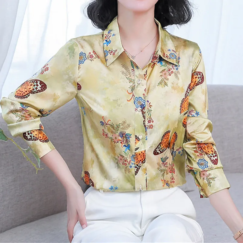 

Женская атласная рубашка, весенние топы для женщин, шелковая одежда с цветочным принтом, Топ с длинным рукавом и воротником-поло, Женская Ба...