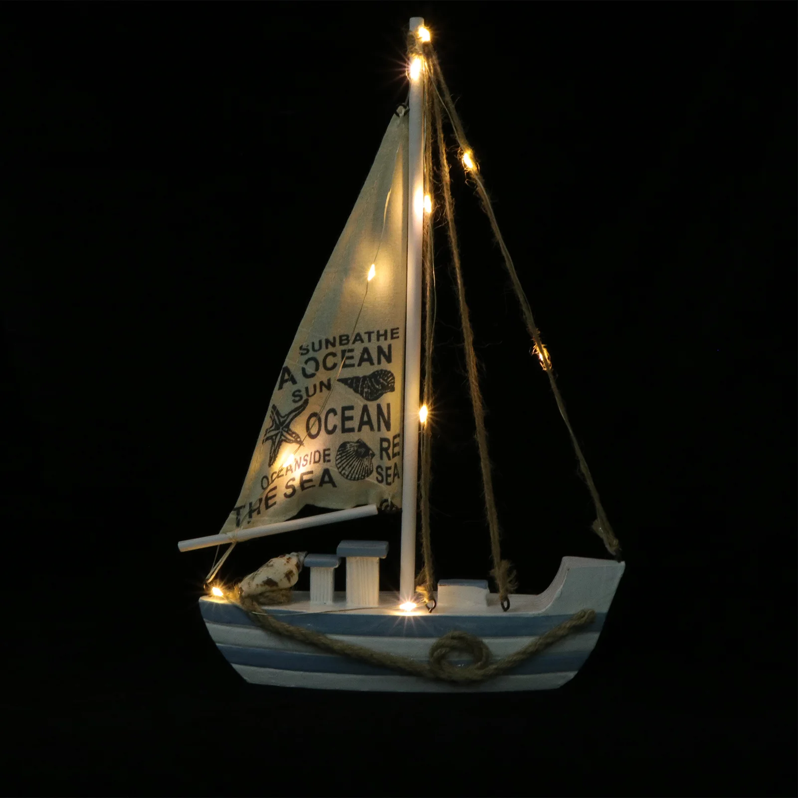 

Sailing Wooden Sailboat Model: LED Nautical Shell Wood Sailboat Decoration Sailing Ships Figurines for Home Ornament Decor