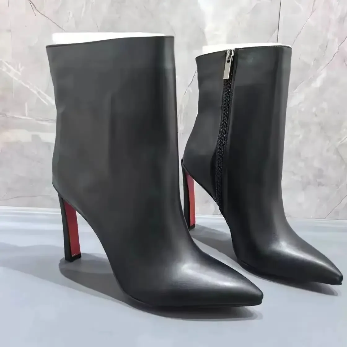 Фото Черные кожаные туфли Botas De Mujer с острым носком, женские туфли на высоком каблуке с красной подошвой, элегантные офисные женские туфли до середины икры для банкета №5