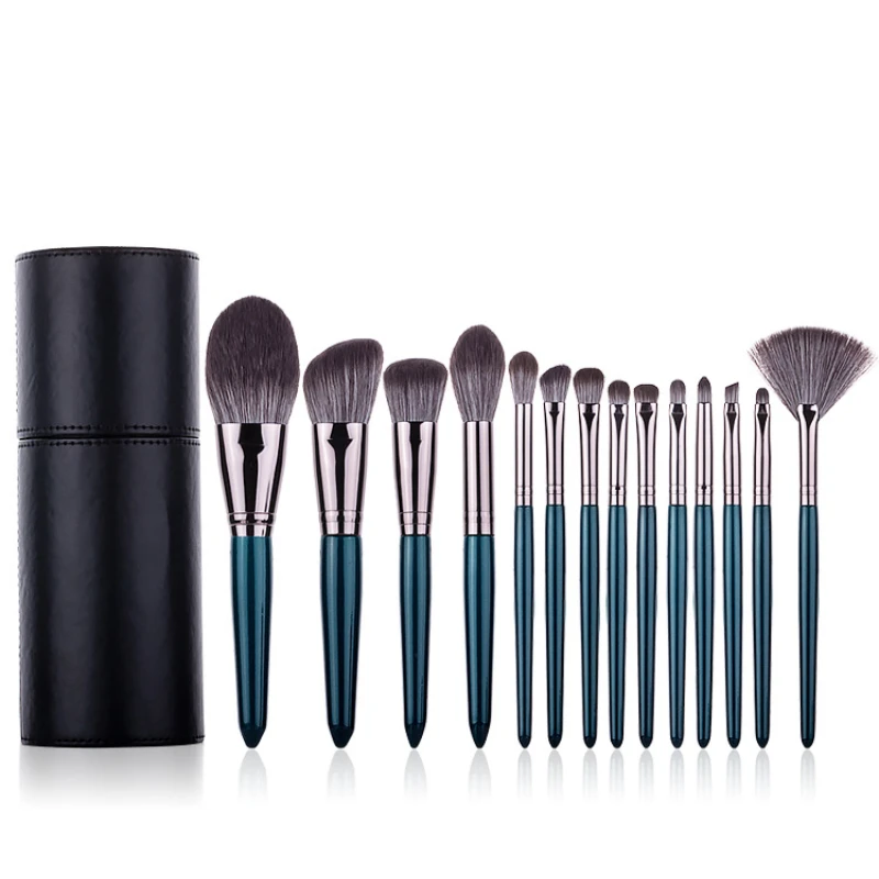 

14pcs Blackish Green Fiber Wool Wood Handle Makeup Brush Beauty Tools