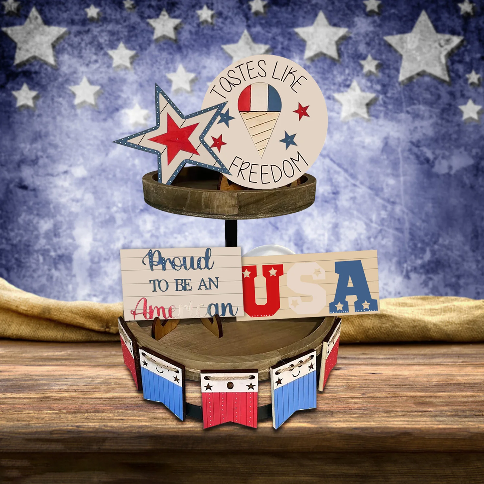 Патриотические многоярусные подносы украшения для стола из ПВХ 4 июля Звездный